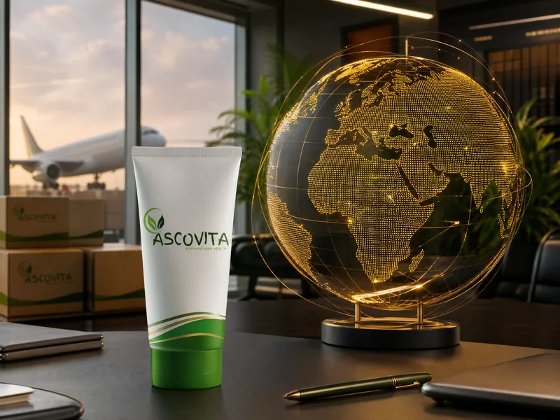 Global export with world globe and Ascovita packaging